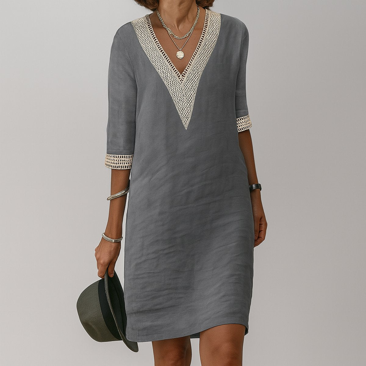 Ivy | Women's Relaxed-Fit V-Neck Crochet-Trim Long Sleeve Dress