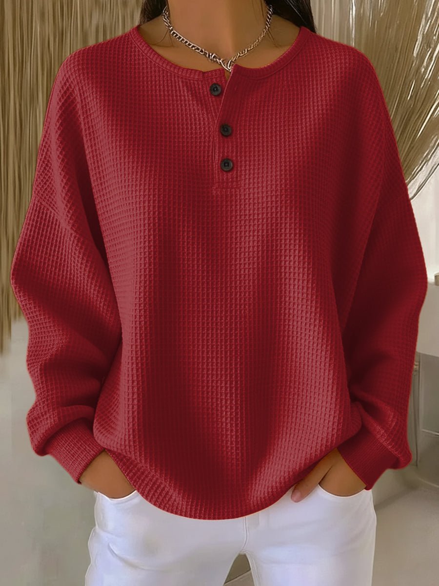 Isla | Women's Relaxed Waffle Knit Sweater Henley Long Sleeve Top
