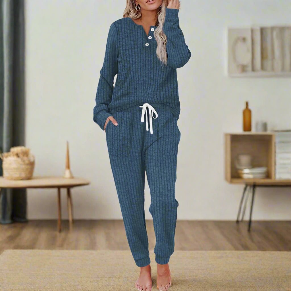Ava | Women's Ribbed Button-Neck Long-Sleeve Loungewear Two-Piece Set