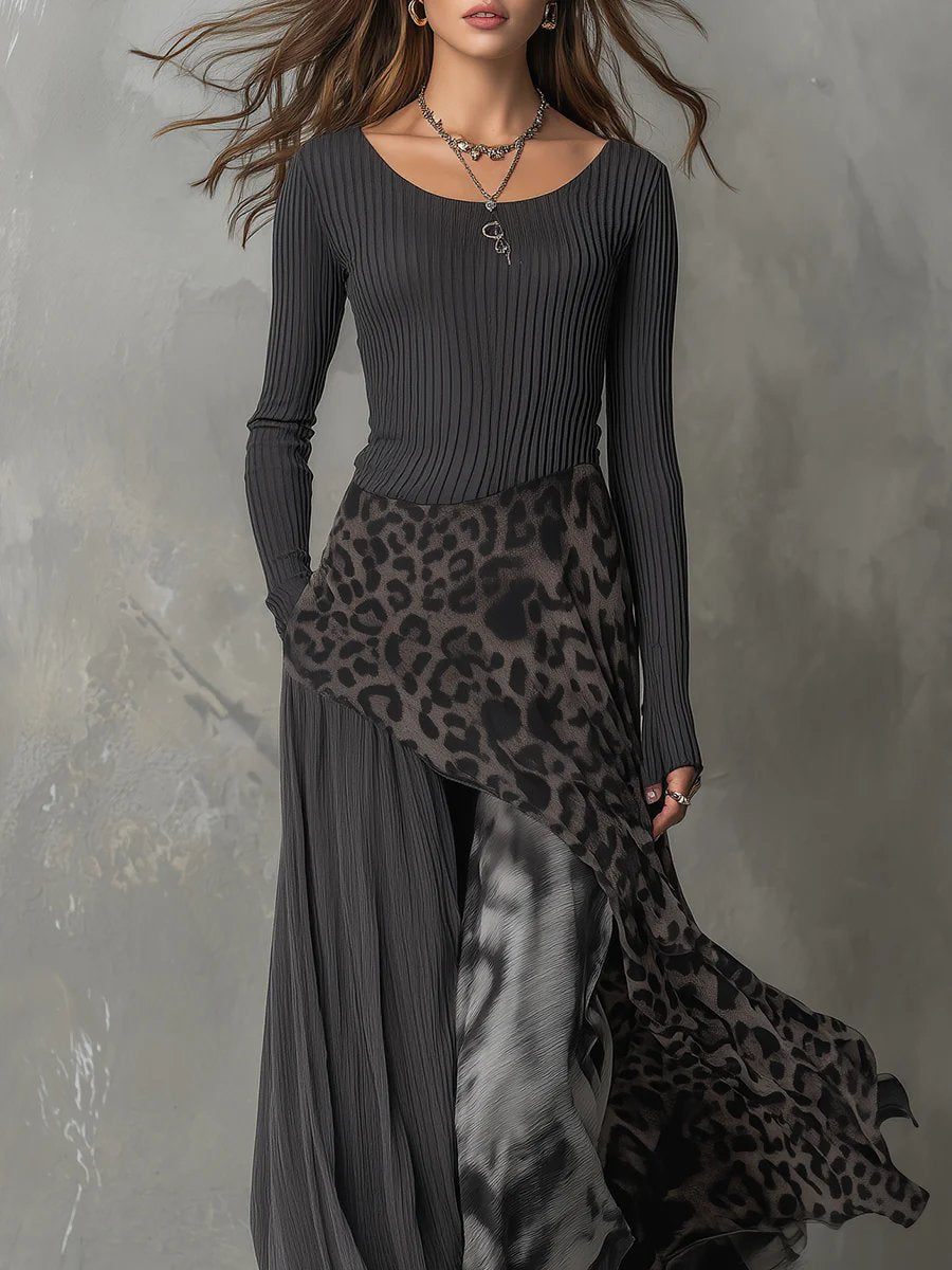 Rosie | Women's Ribbed Knit Leopard Print Irregular Hem Maxi Long Sleeve Dress