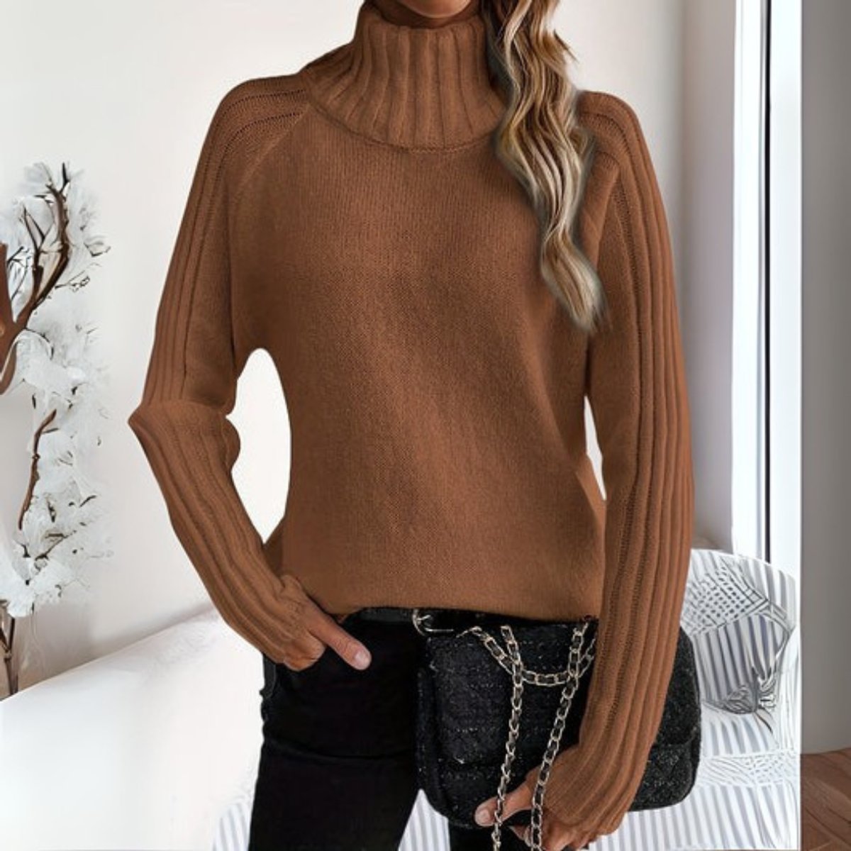 Freya | Women's Ribbed Knit Turtleneck Sweater Relaxed Long Sleeve Jumper