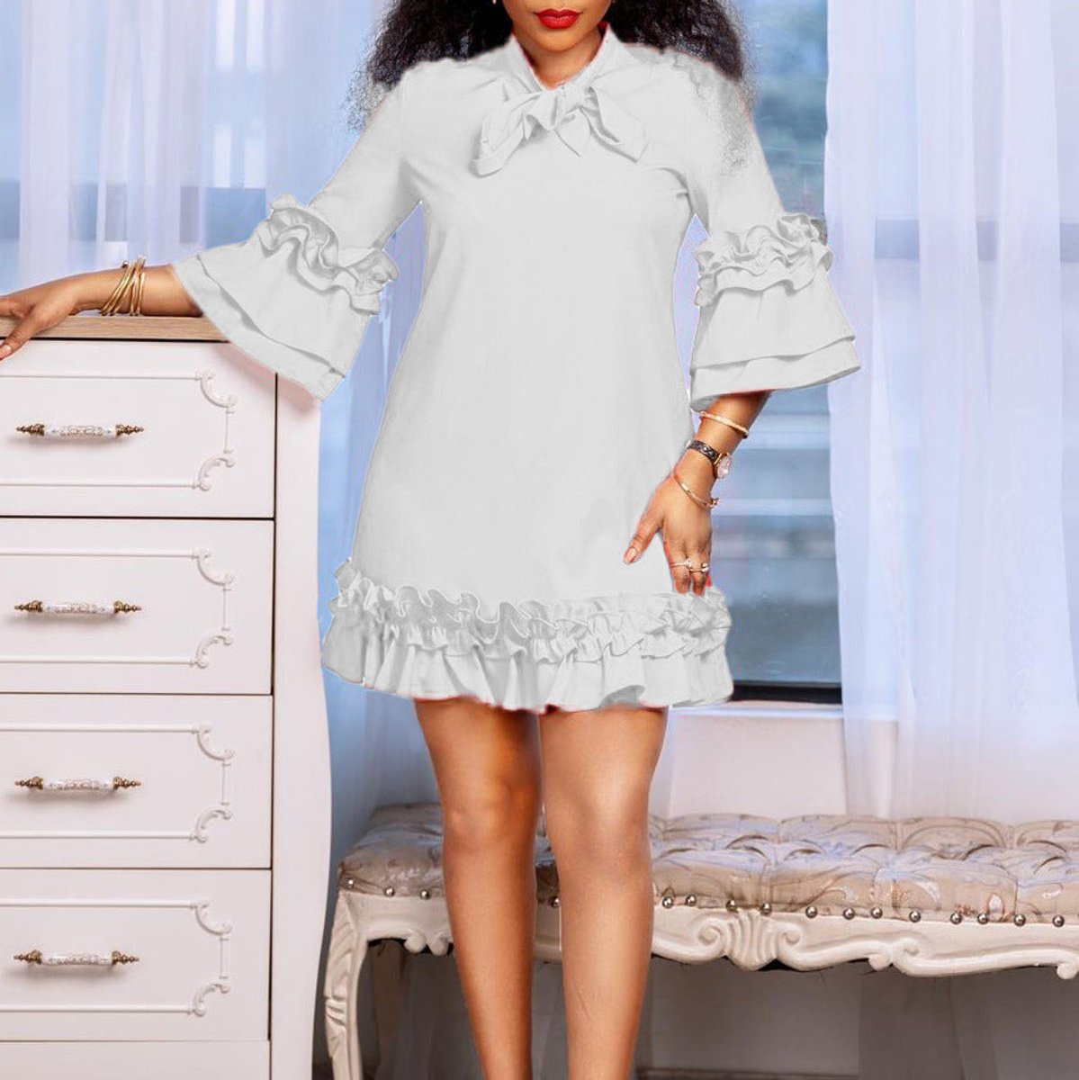 Amelia | Women's Ruffle-Hem Bow-Neck Mini Tunic Dress