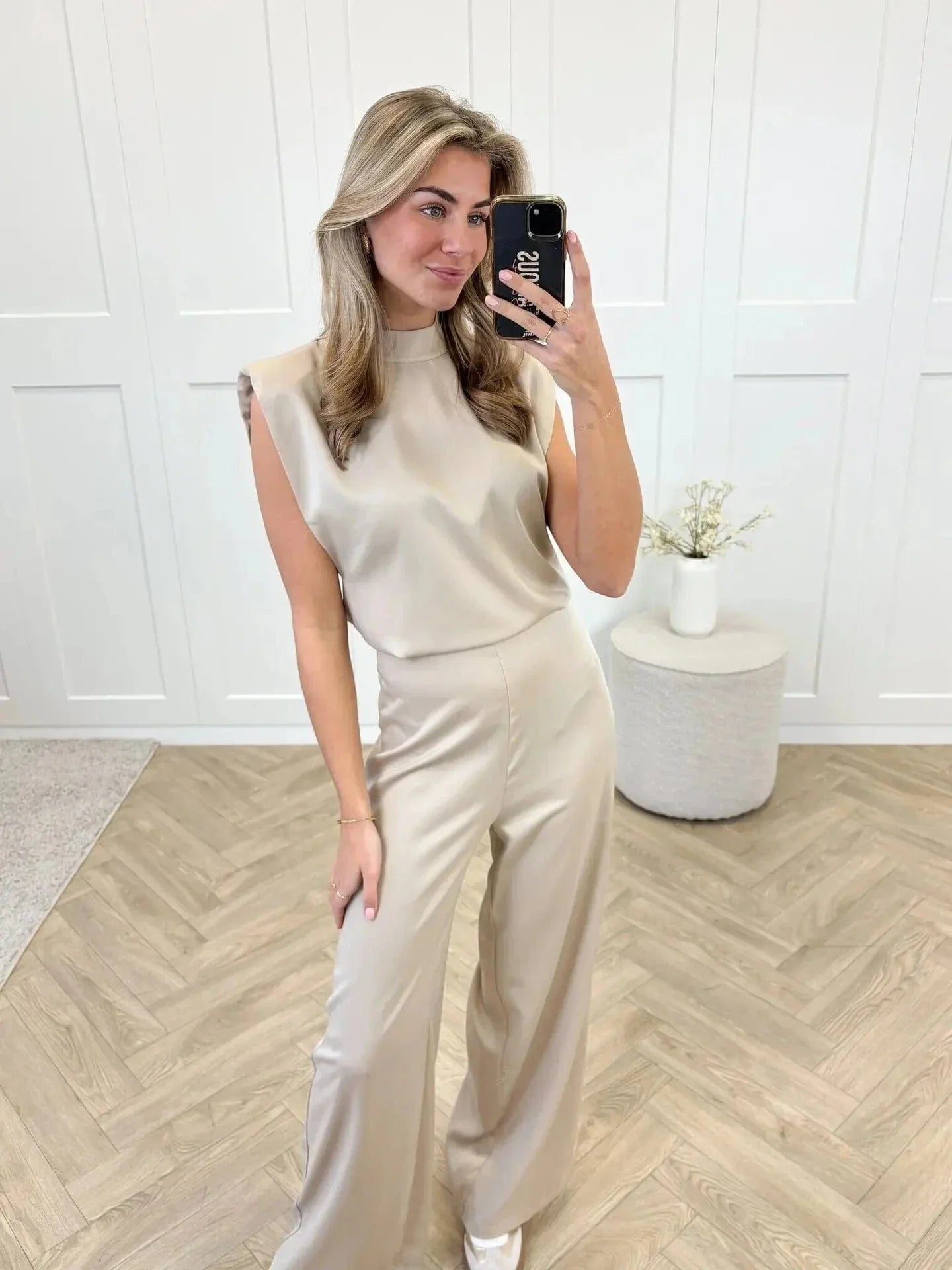 Sienna | Women's Satin Wide-Leg Sleeveless Mock-Neck Jumpsuit