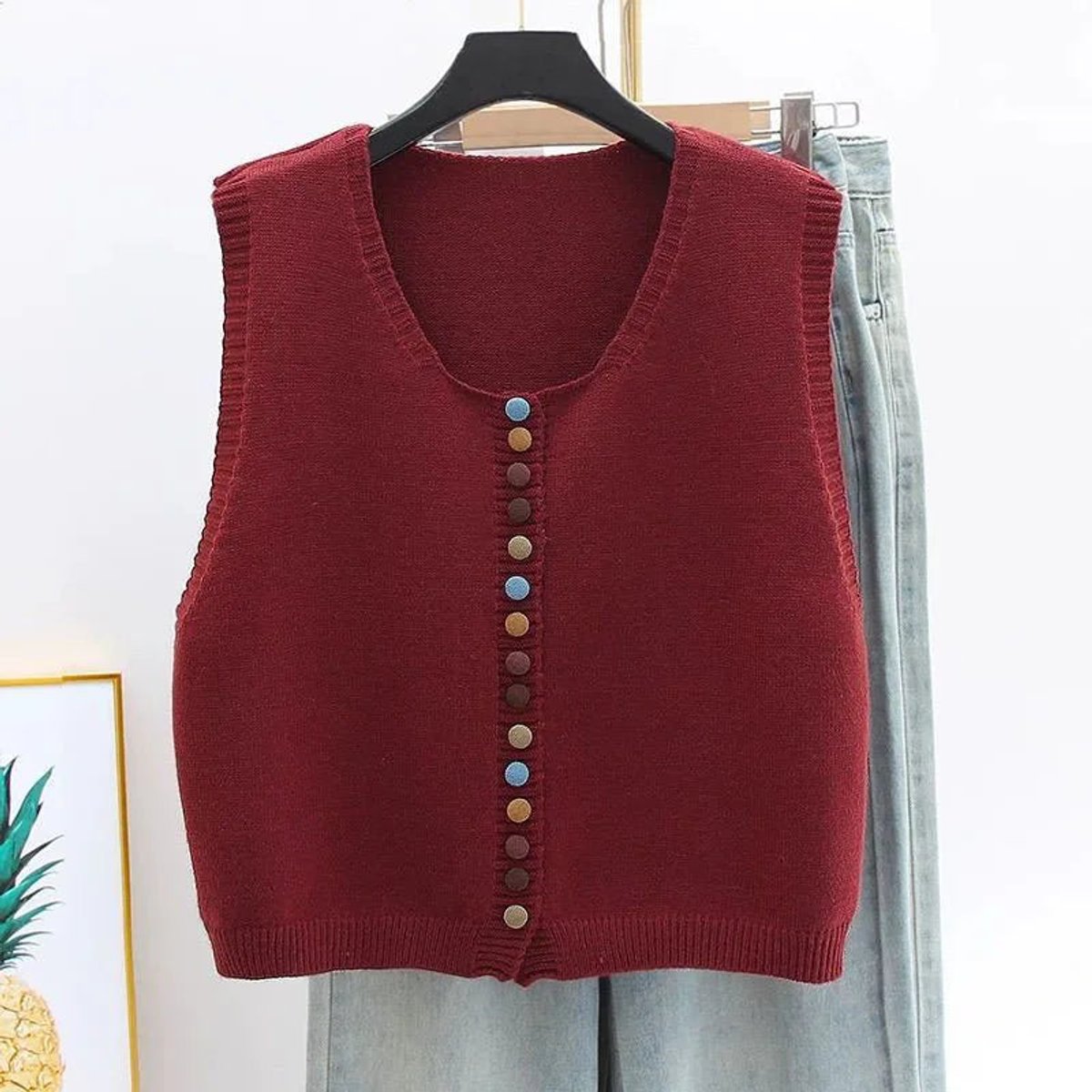 Ella | Women's Sleeveless Knit Button-Front Vest Colourful Button Detail