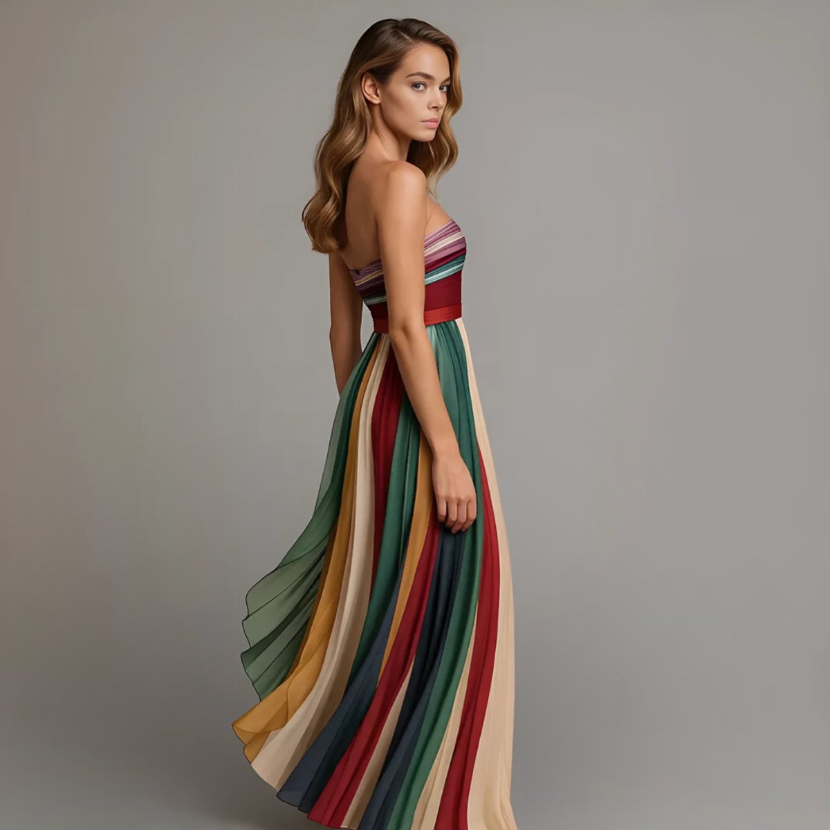 Sienna | Women's Strapless Pleated Striped Maxi Dress Floor-Length