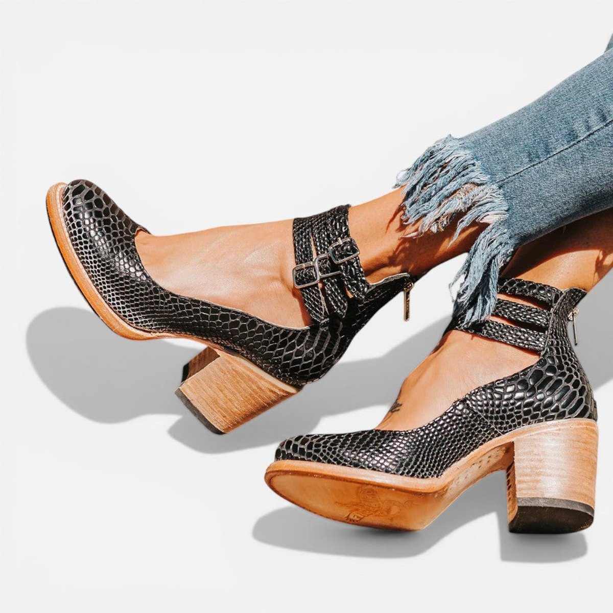 Rosie | Women's Tan Leather Block Heel Ankle Boots Double Buckle Strap