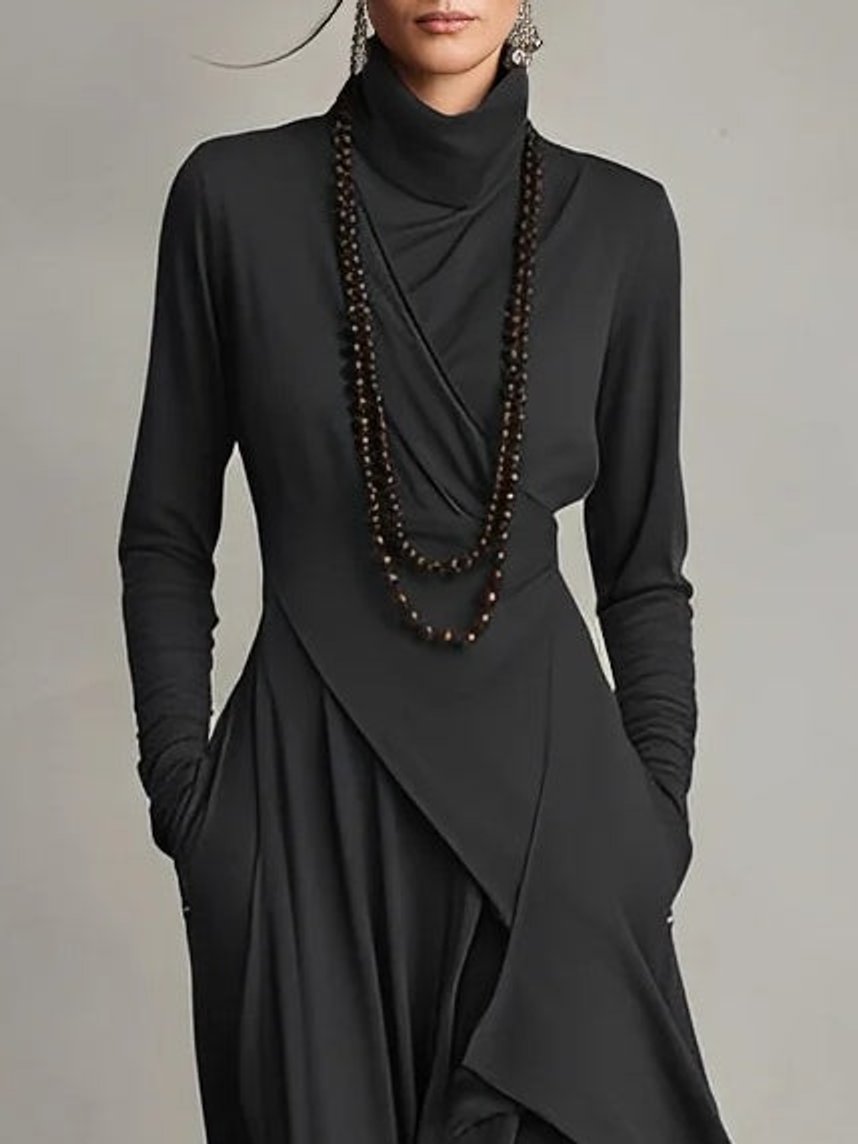 Evelyn | Women's Turtleneck Asymmetric Maxi Long Sleeve Dress Flowy Layered
