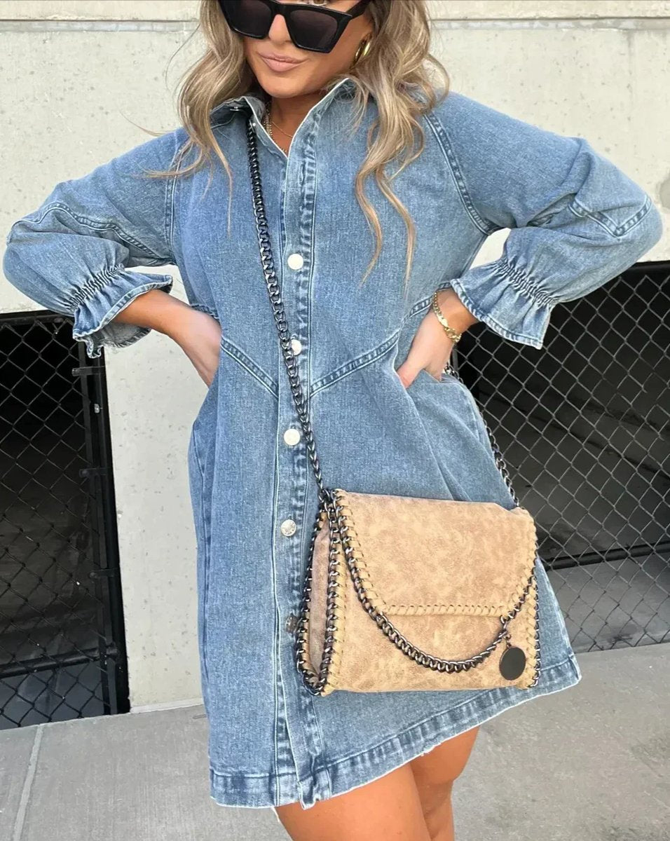 Ivy | Women's Washed Denim Button-Down Mini Party Dress Ruffle Sleeves
