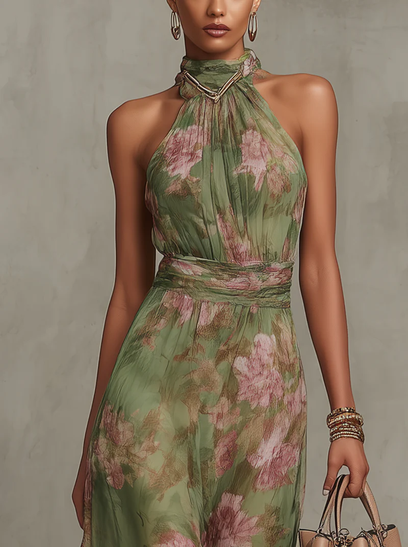 Women's Wedding Guest Floral Halter Maxi Dress
