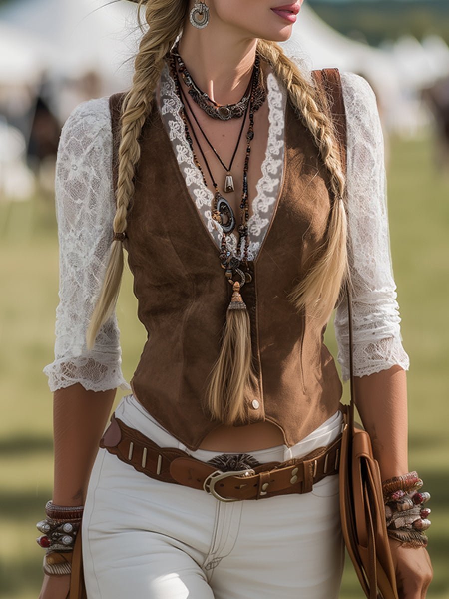 Rosie | Women's Western Lace Long-Sleeve V-Neck Fitted Snap-Button Blouse