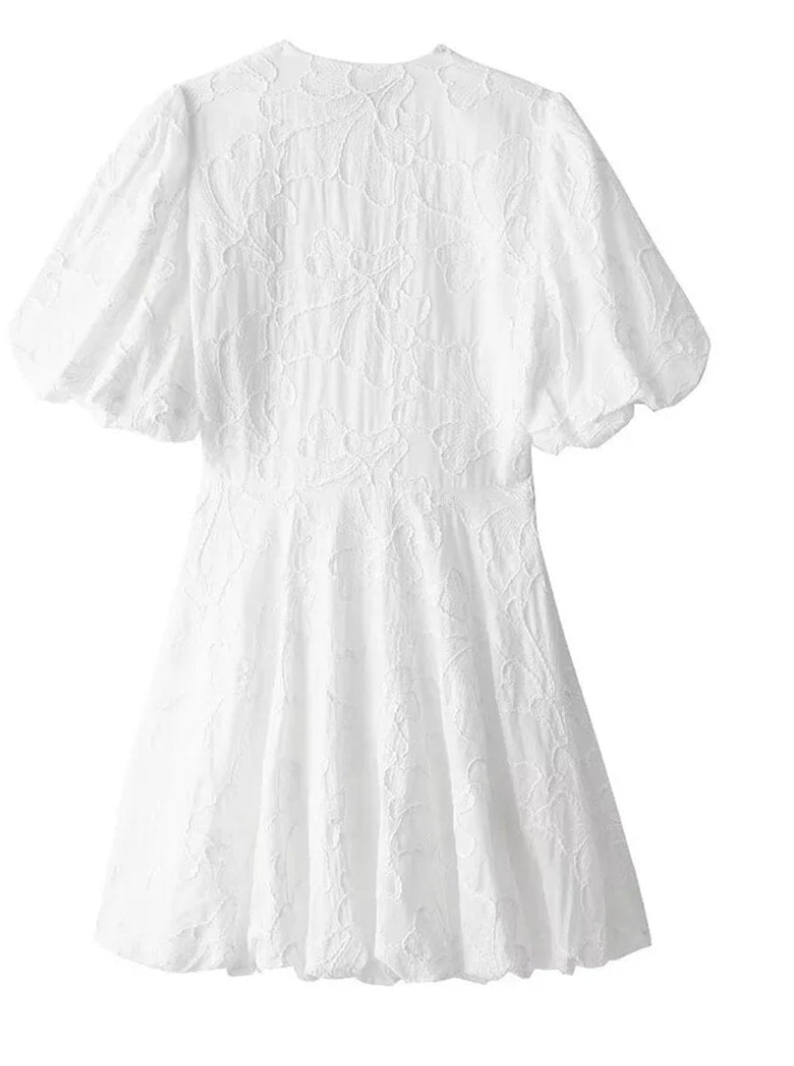 Ivy | Women's White Floral Textured Puff Sleeve Mini Party Dress