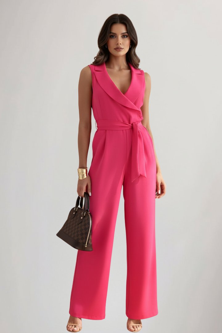 Mia | Women's Wide-Leg Blazer-Collar Tie-Waist Jumpsuit