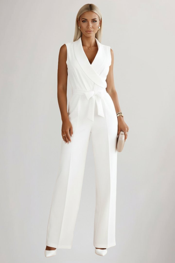 Mia | Women's Wide-Leg Blazer-Collar Tie-Waist Jumpsuit