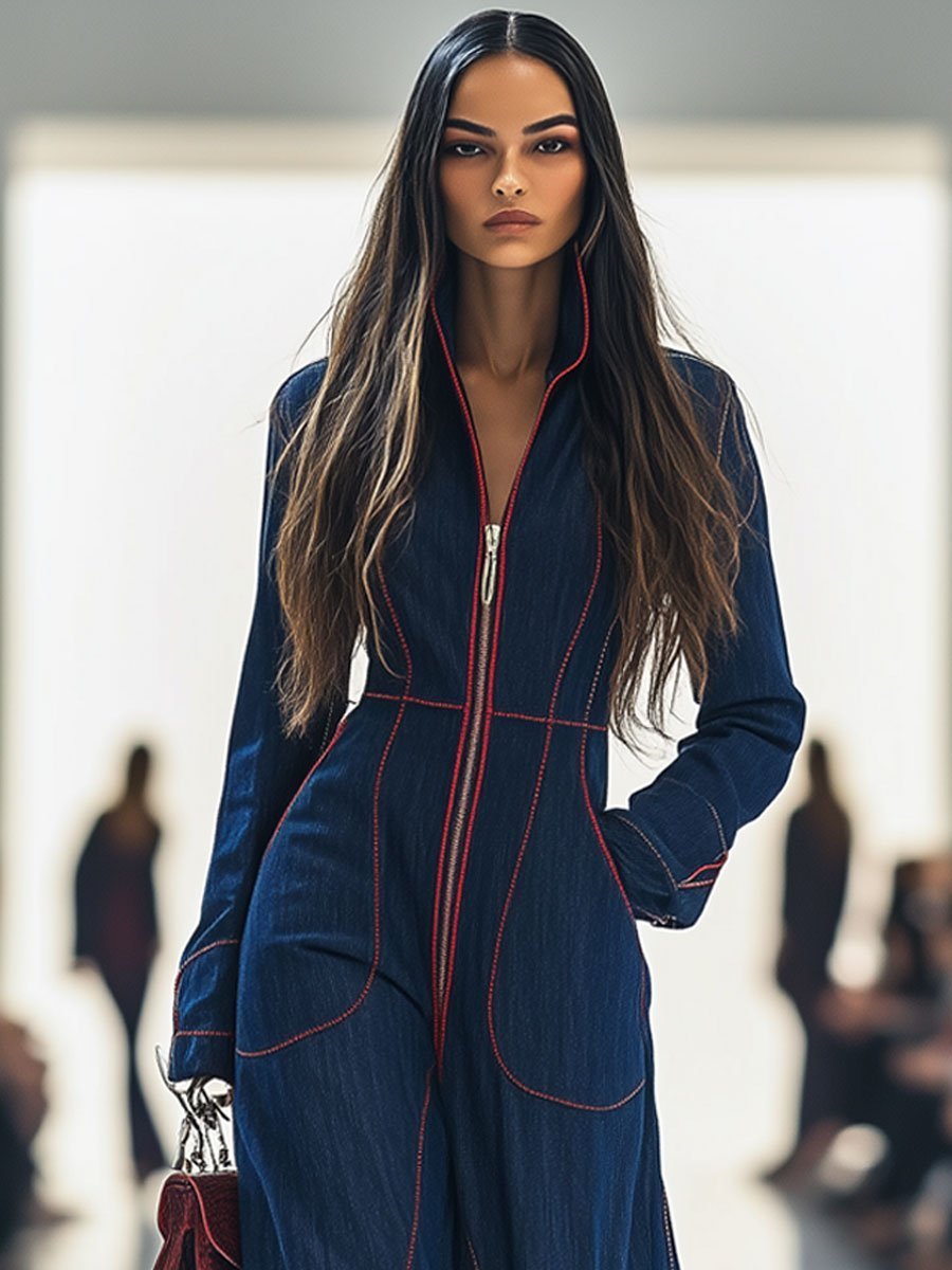 Emily | Women's Wide Leg Pants Denim Jumpsuit Long Sleeve Front Zip