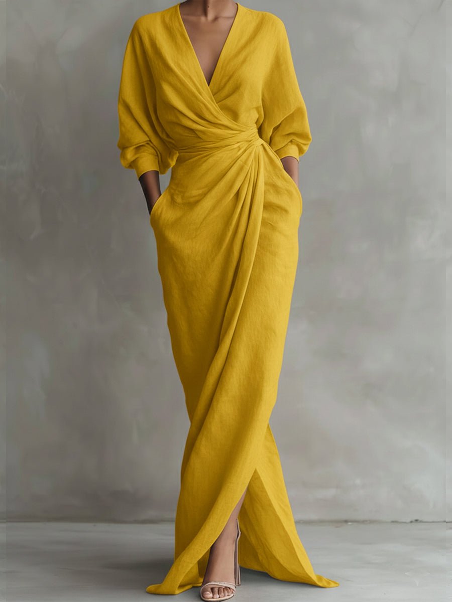 Freya | Women's Wrap Maxi Long Sleeve Dress V-Neck Draped