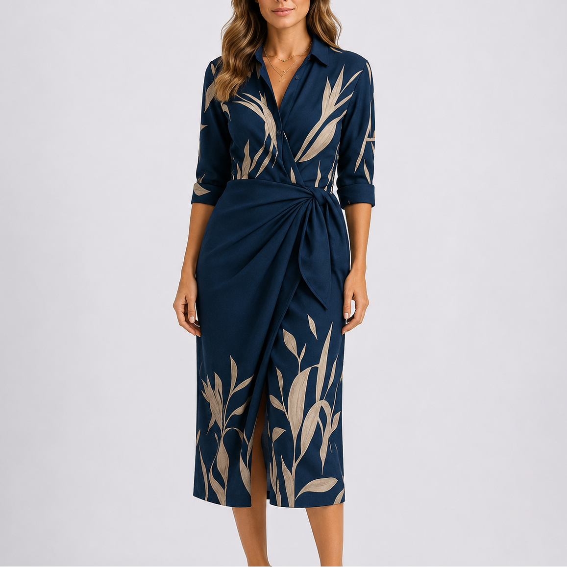 Women's Casual Elegant Midi Dress – V-Neck Tie Waist Wrap Dress