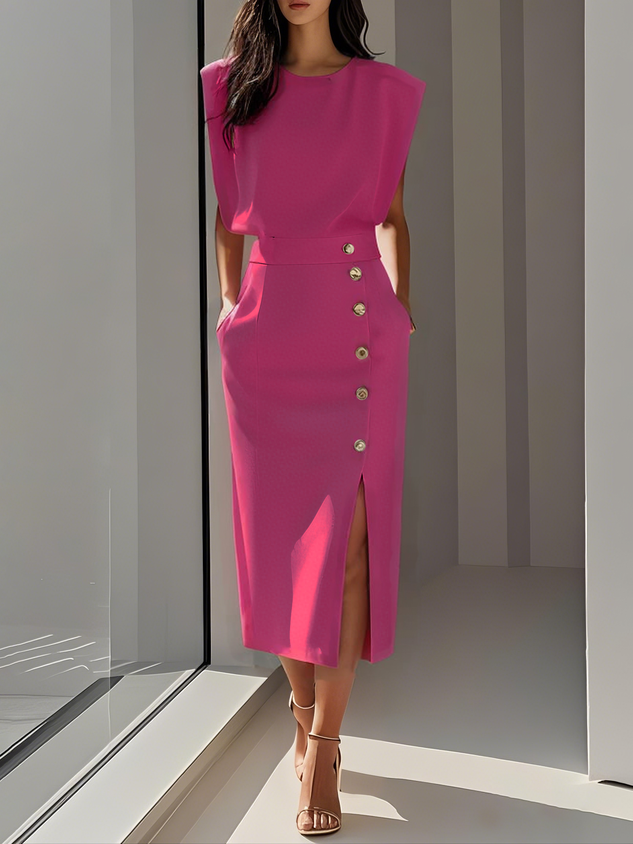 Audrey | Women’s Button Detail Sleeveless Midi Dress