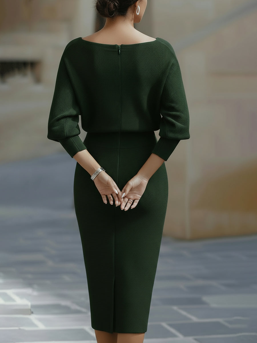 Eleanor | Women's Boat Neck Batwing Sleeve Midi Bodycon Dress