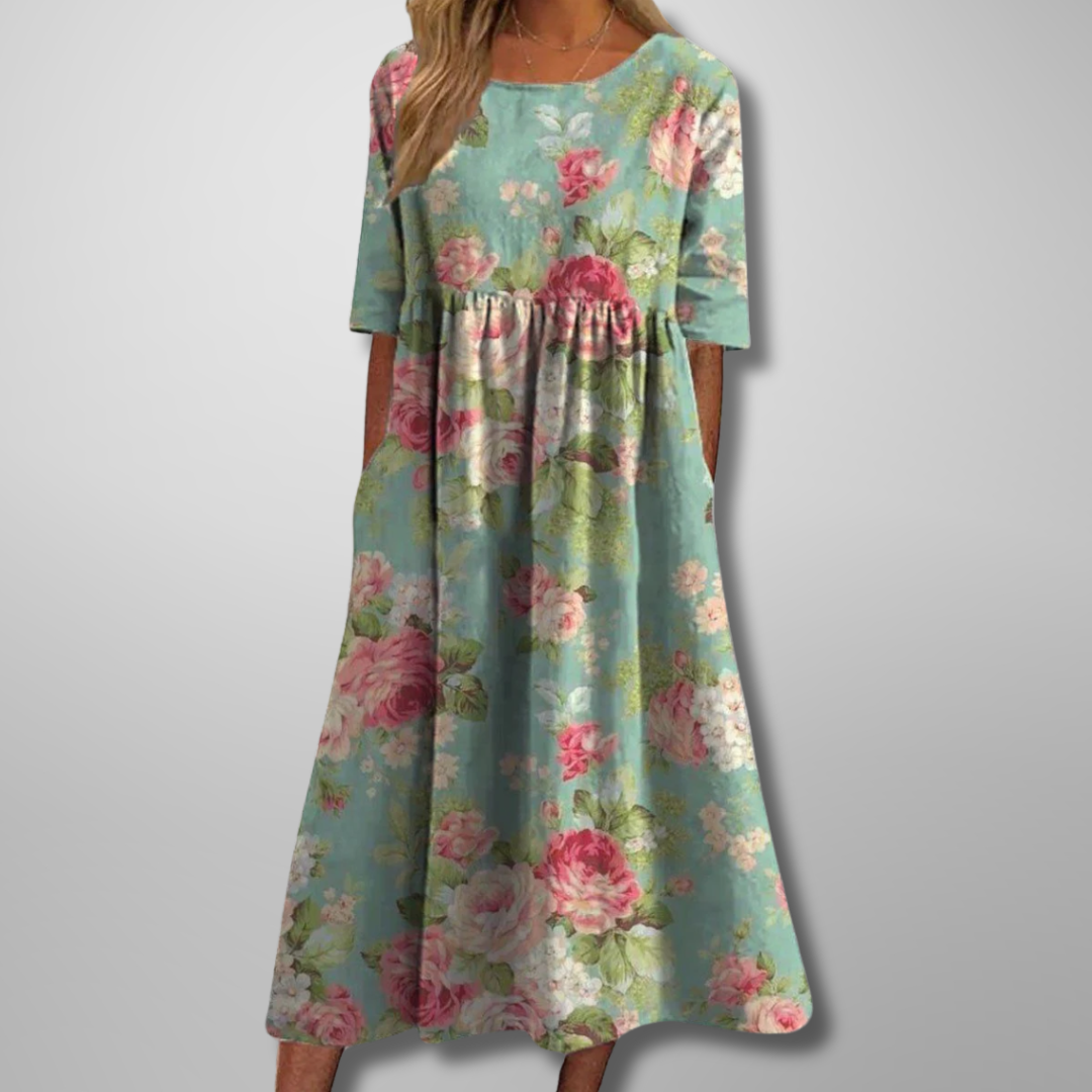 Holly | Women’s Floral Print Round Neck Midi Dress