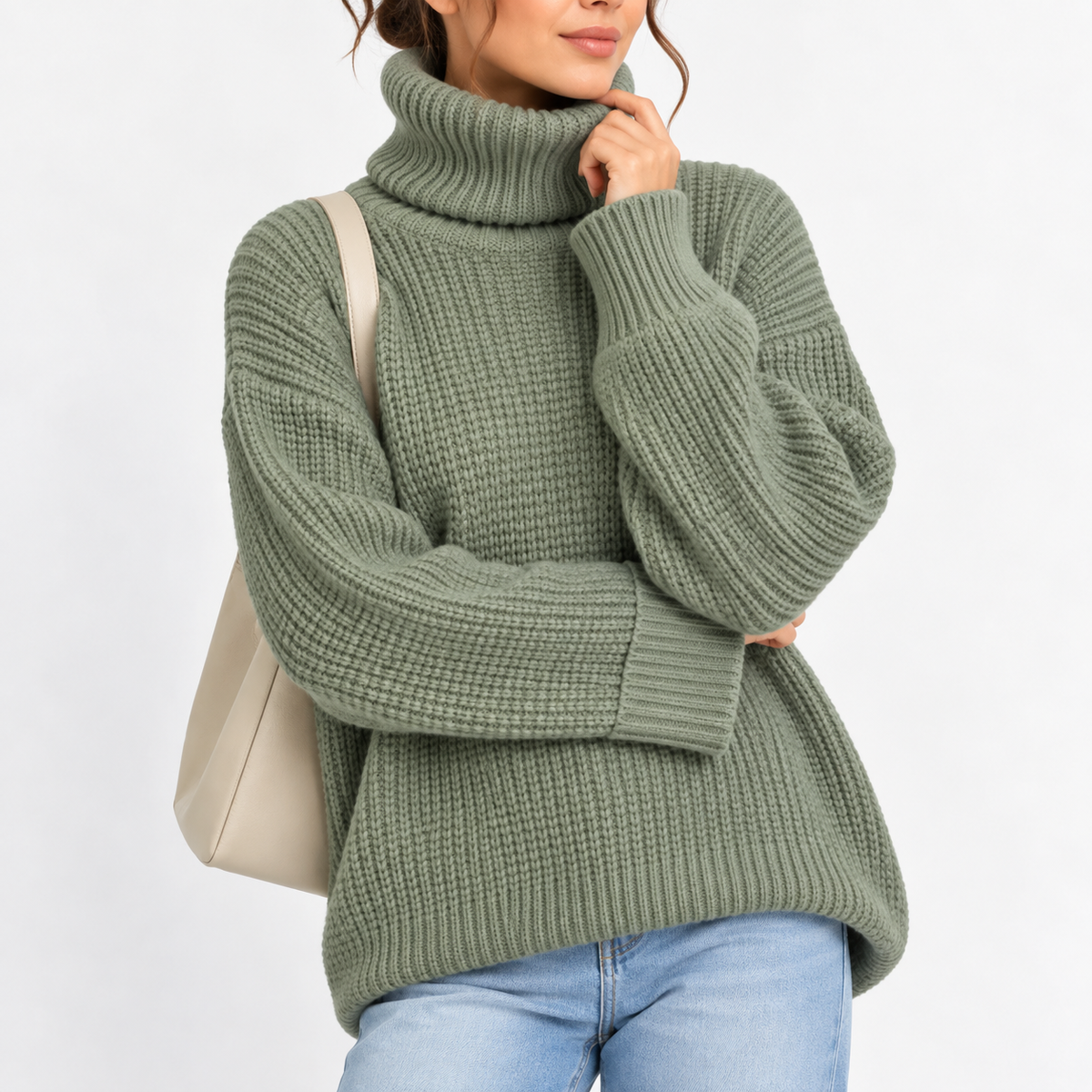 Women's Oversized Turtleneck Sweater with Waffle Knit Texture