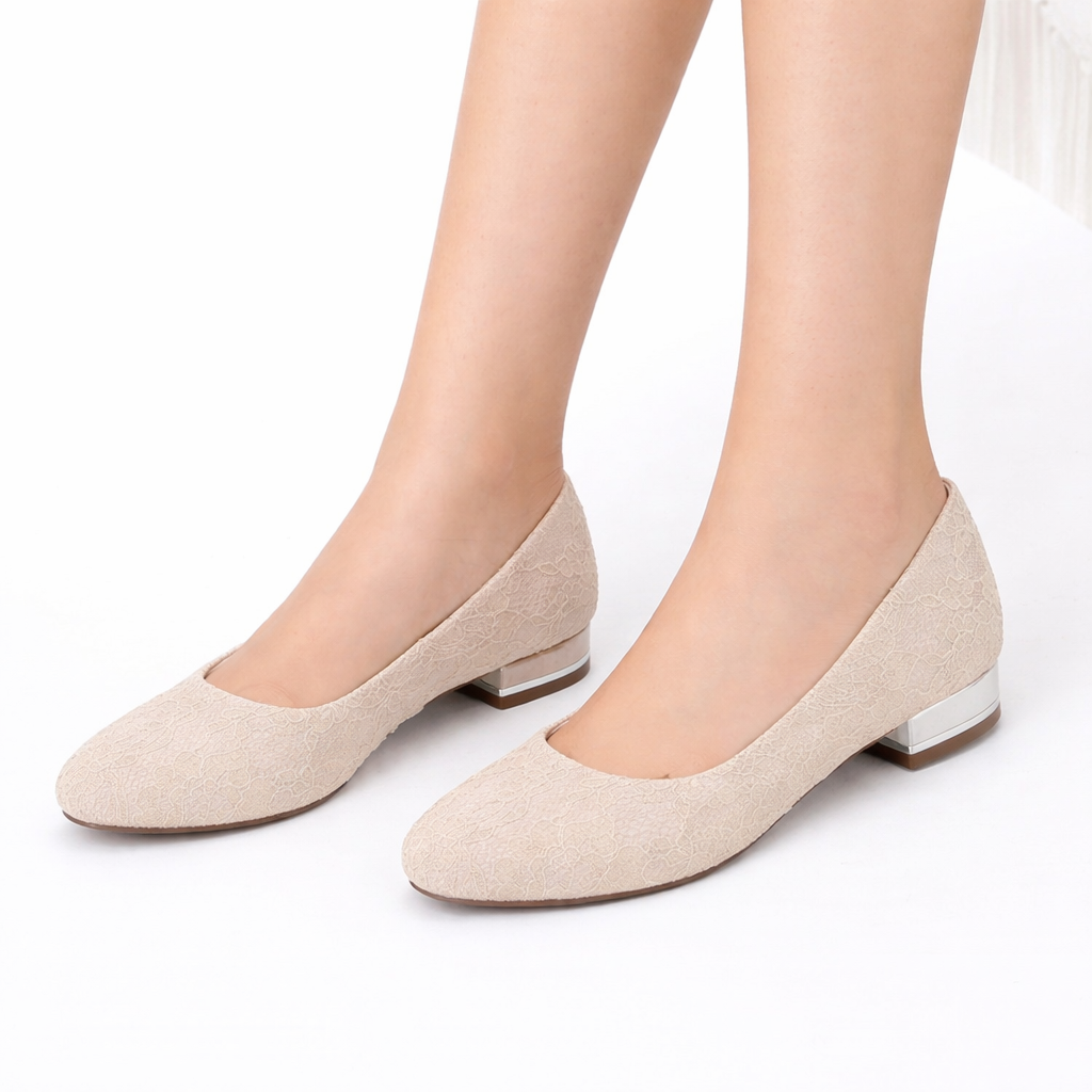 Women’s White Lace Bridal Flats – Round Toe Wedding Shoes with Low Heel Comfort