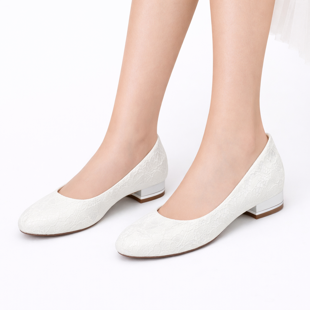 Women’s White Lace Bridal Flats – Round Toe Wedding Shoes with Low Heel Comfort