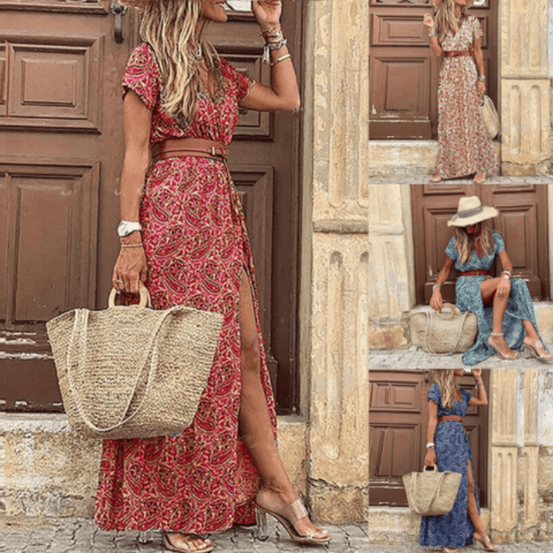 Gabriella | Women's Short Sleeve Belted Long Dress
