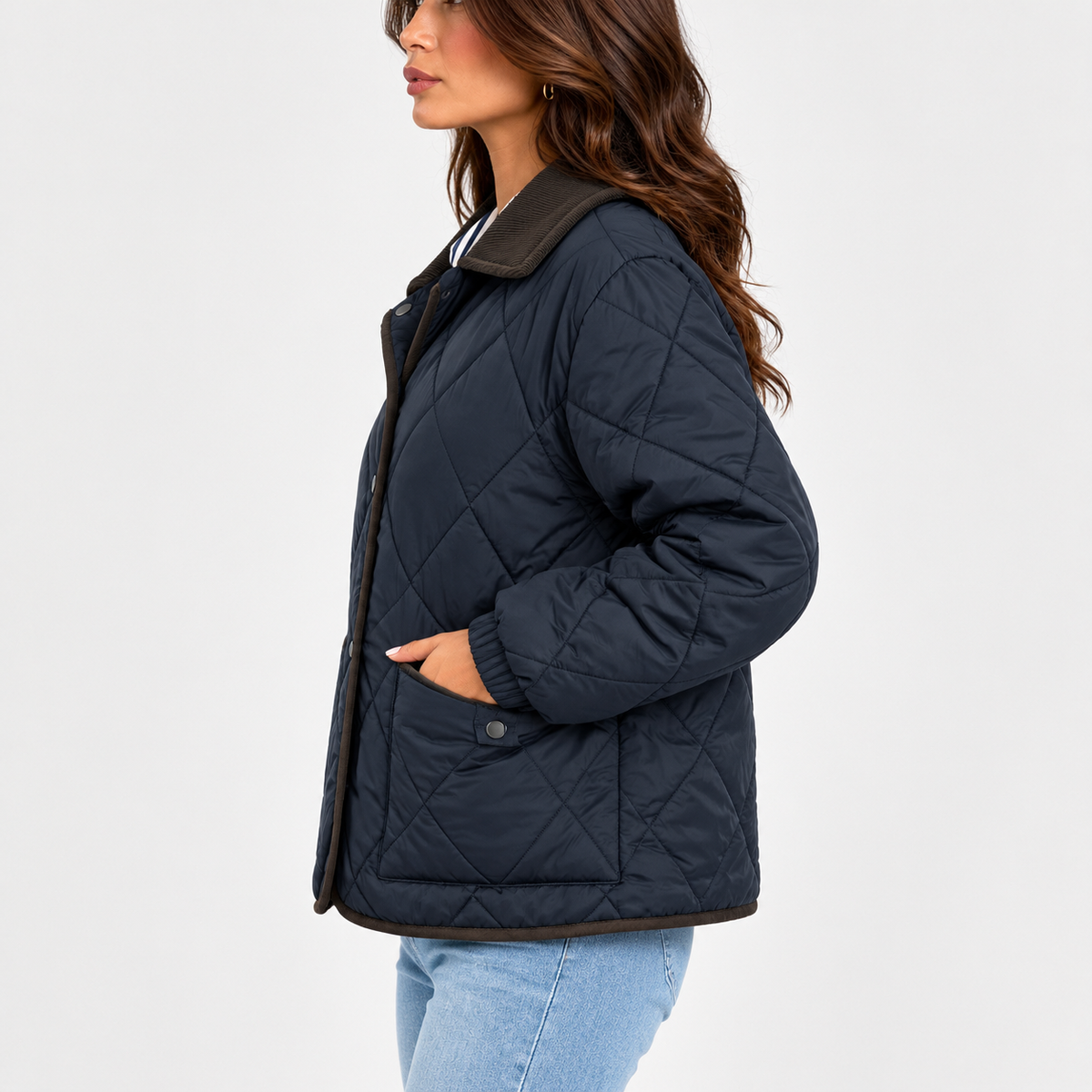 Women's Quilted Puffer Jacket with Corduroy Collar – Long Sleeve Coat