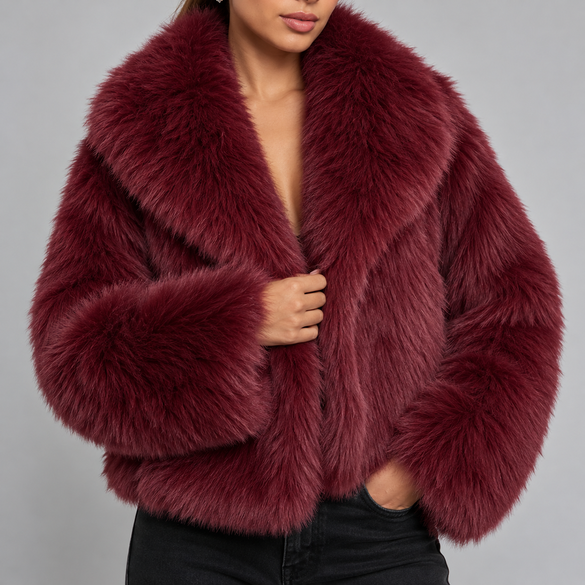 Women's Cropped Faux Fur Jacket with Oversized Collar
