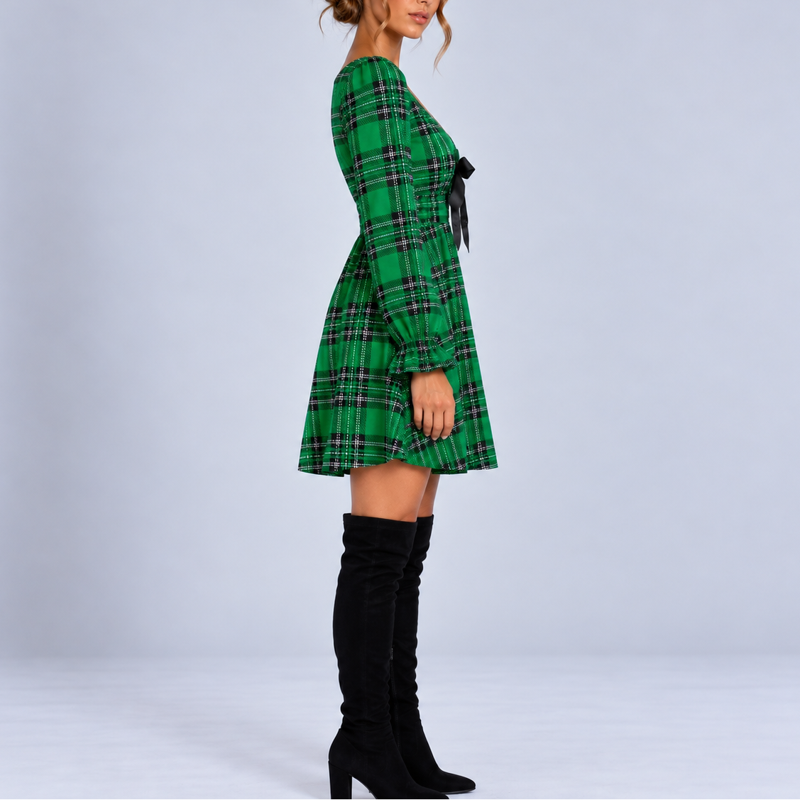 Women's Christmas Plaid Mini Dress with V-Neck, Bow Detail & Long Sleeves