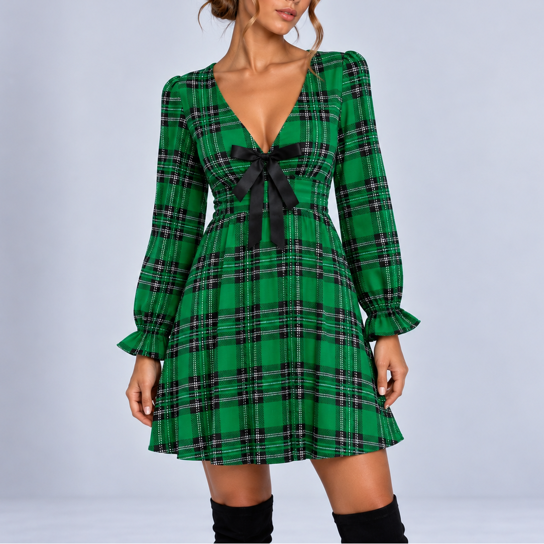 Women's Christmas Plaid Mini Dress with V-Neck, Bow Detail & Long Sleeves