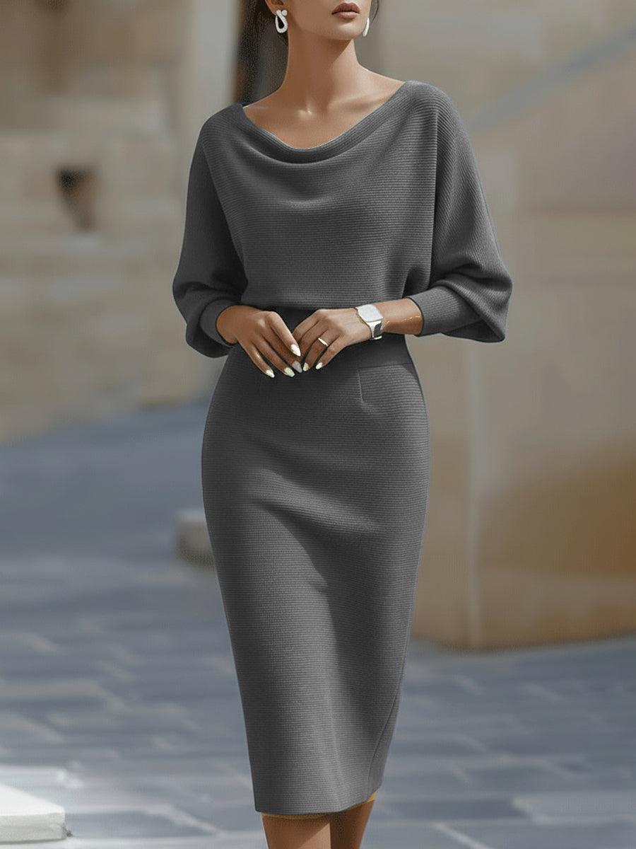 Eleanor | Women's Boat Neck Batwing Sleeve Midi Bodycon Dress