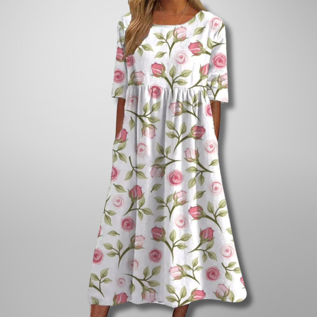 Holly | Women’s Floral Print Round Neck Midi Dress