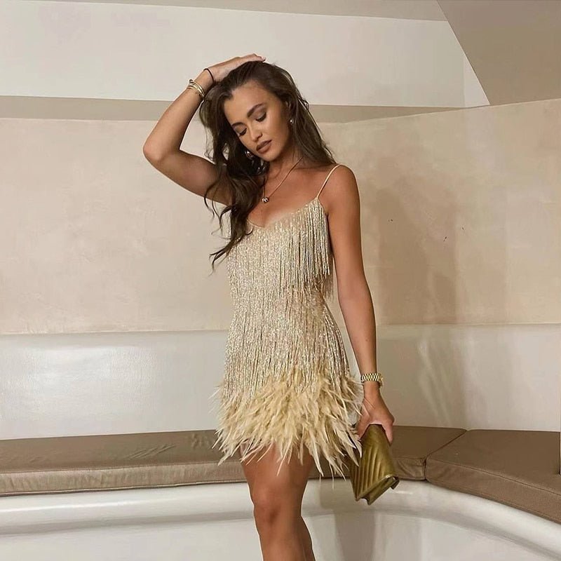 Luna Fashion House | Women’s Sequin Mini Dress with Feather Trim – Party & Evening Dress