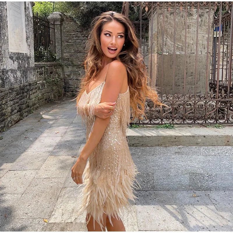 Luna Fashion House | Women’s Sequin Mini Dress with Feather Trim – Party & Evening Dress