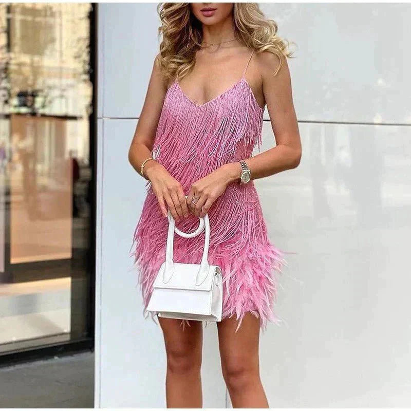 Luna Fashion House | Women’s Sequin Mini Dress with Feather Trim – Party & Evening Dress