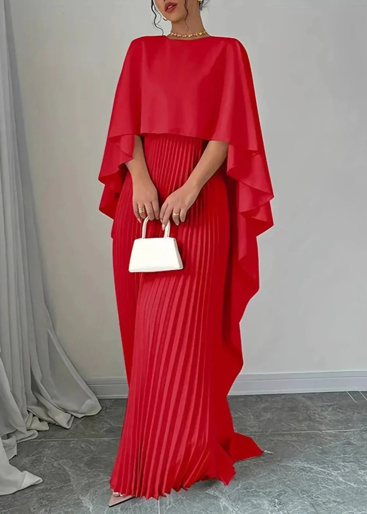 Bonnie | Women’s Wedding Guest Pleated Cape Maxi Dress