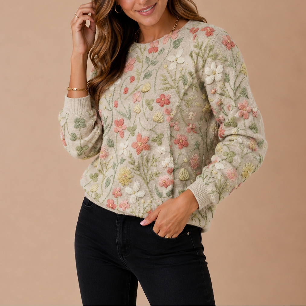 Women's Floral Knit Sweater – Embroidered Flower Jumper