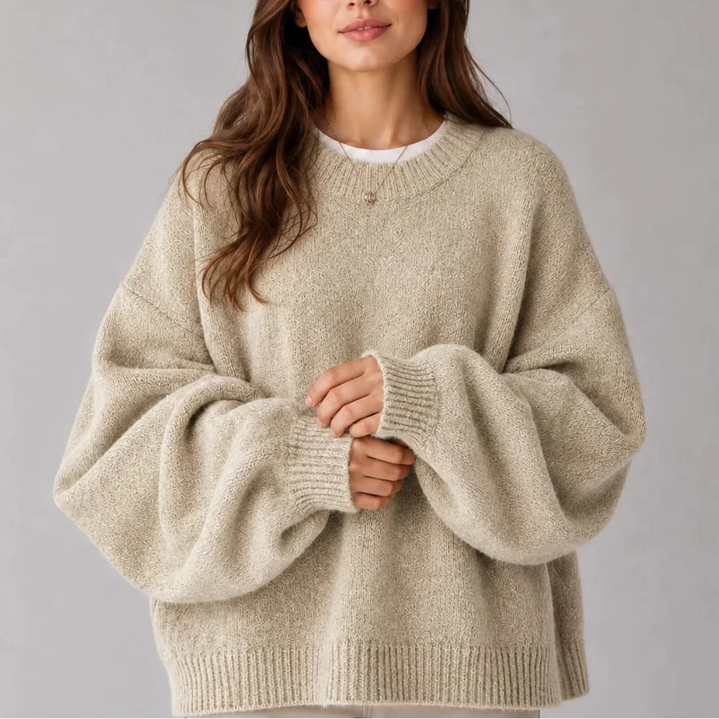 Women's Oversized Knit Jumper – Crew Neck Sweater with Balloon Sleeves