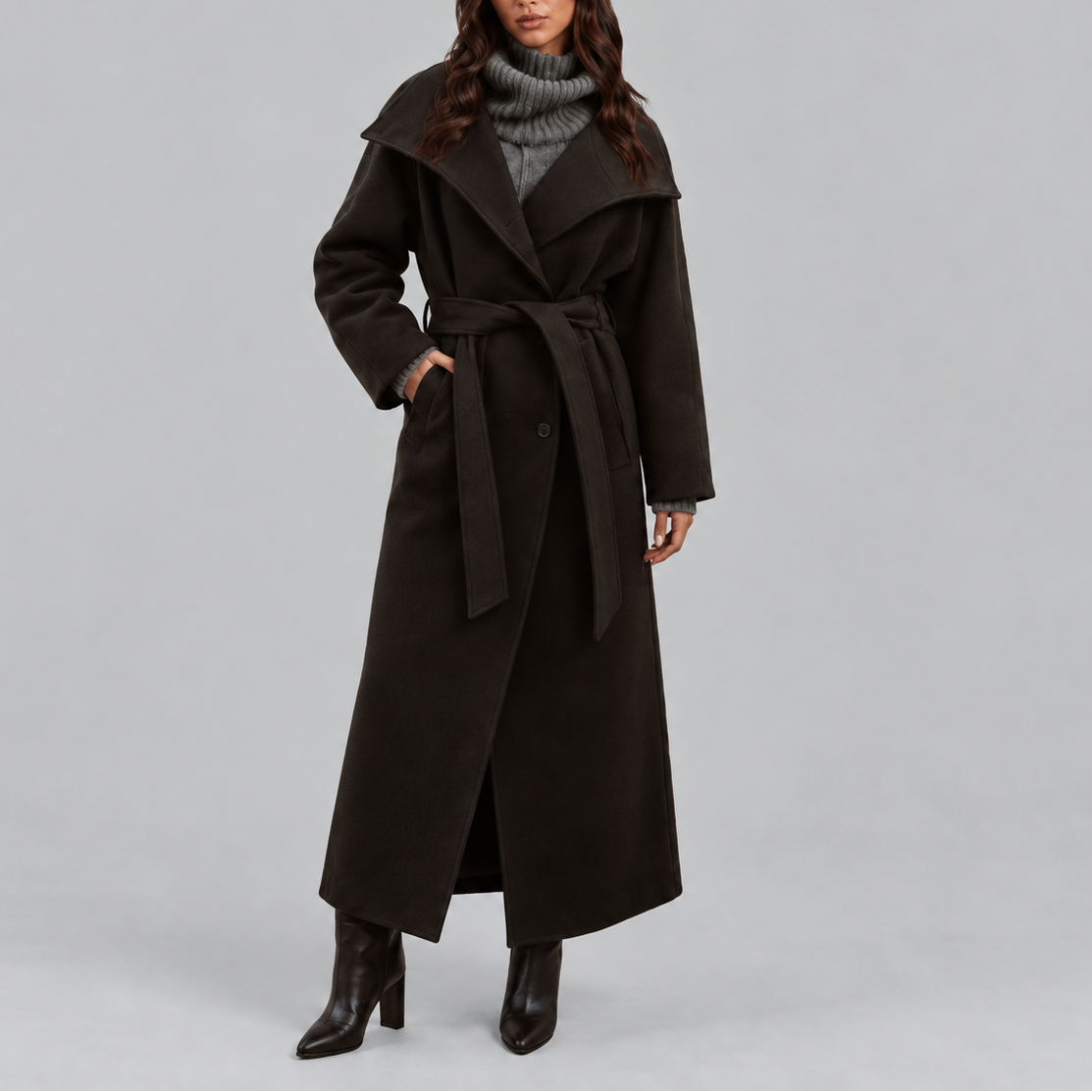 Women's Long Coat | Belted Winter Wrap Coat with Wide Collar