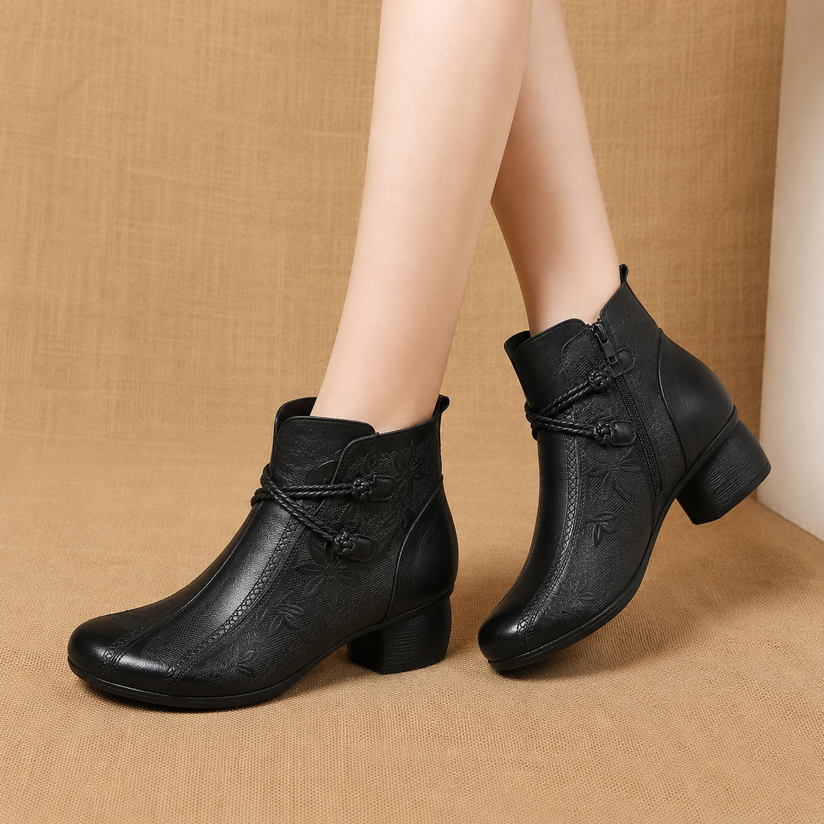 Leather Ankle Boots with Leaf Detail and Block Heel
