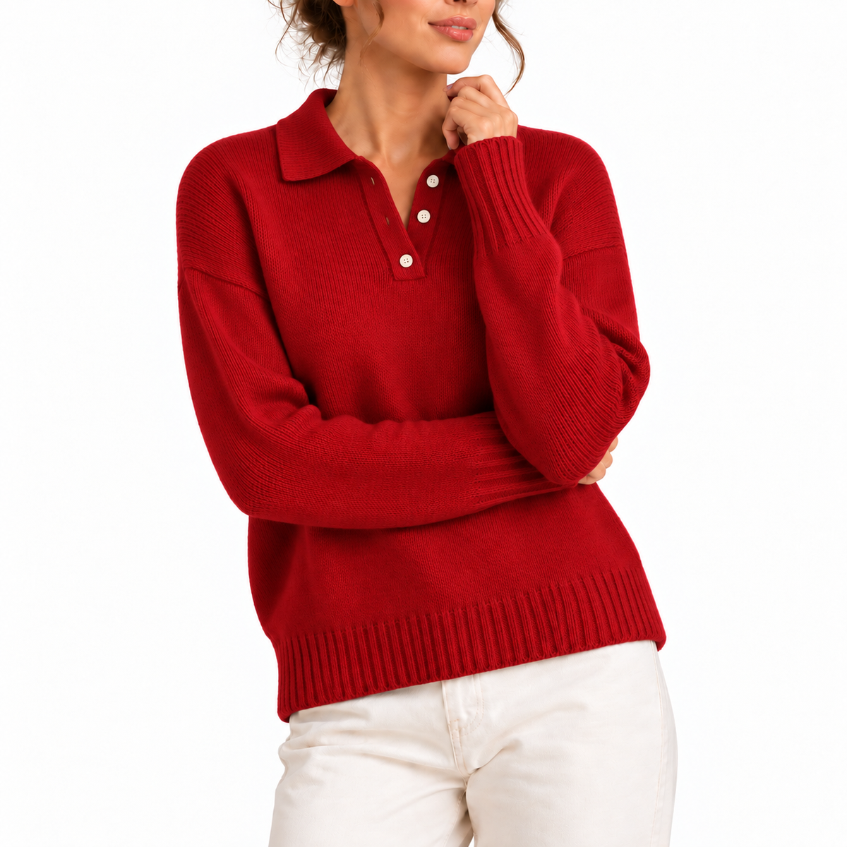 Women's Knit Collar Polo Sweater with Button Placket