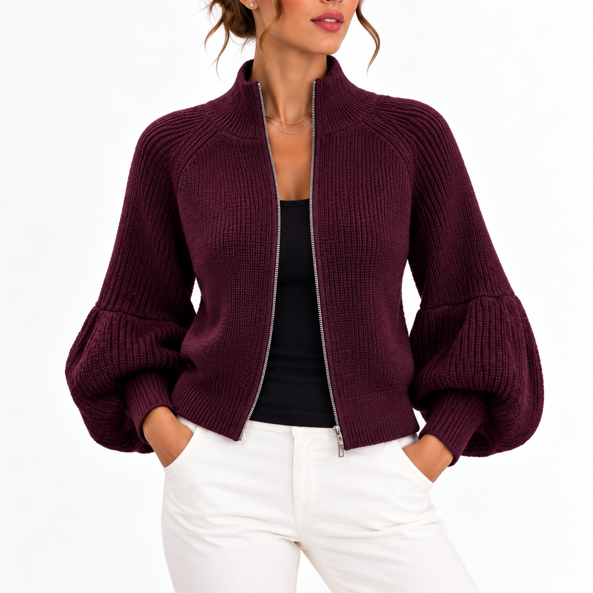 Women's Cropped Knit Cardigan with Puff Sleeves and High Collar