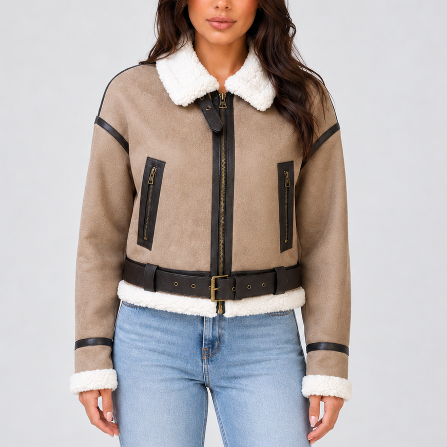 Women's Cropped Aviator Jacket with Teddy Lining