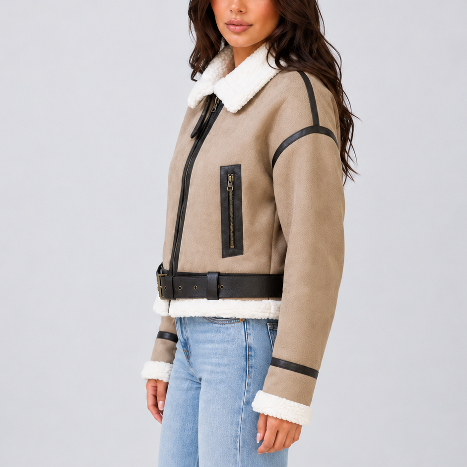 Women's Cropped Aviator Jacket with Teddy Lining
