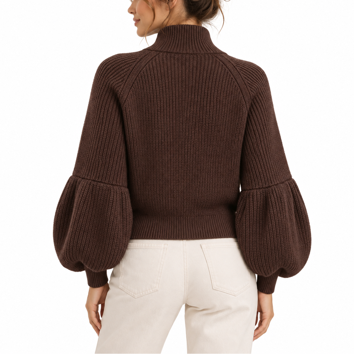 Women's Cropped Knit Cardigan with Puff Sleeves and High Collar