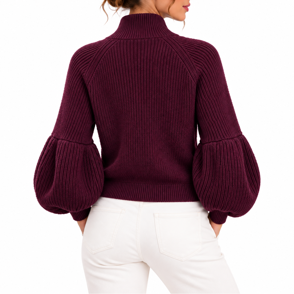 Women's Cropped Knit Cardigan with Puff Sleeves and High Collar