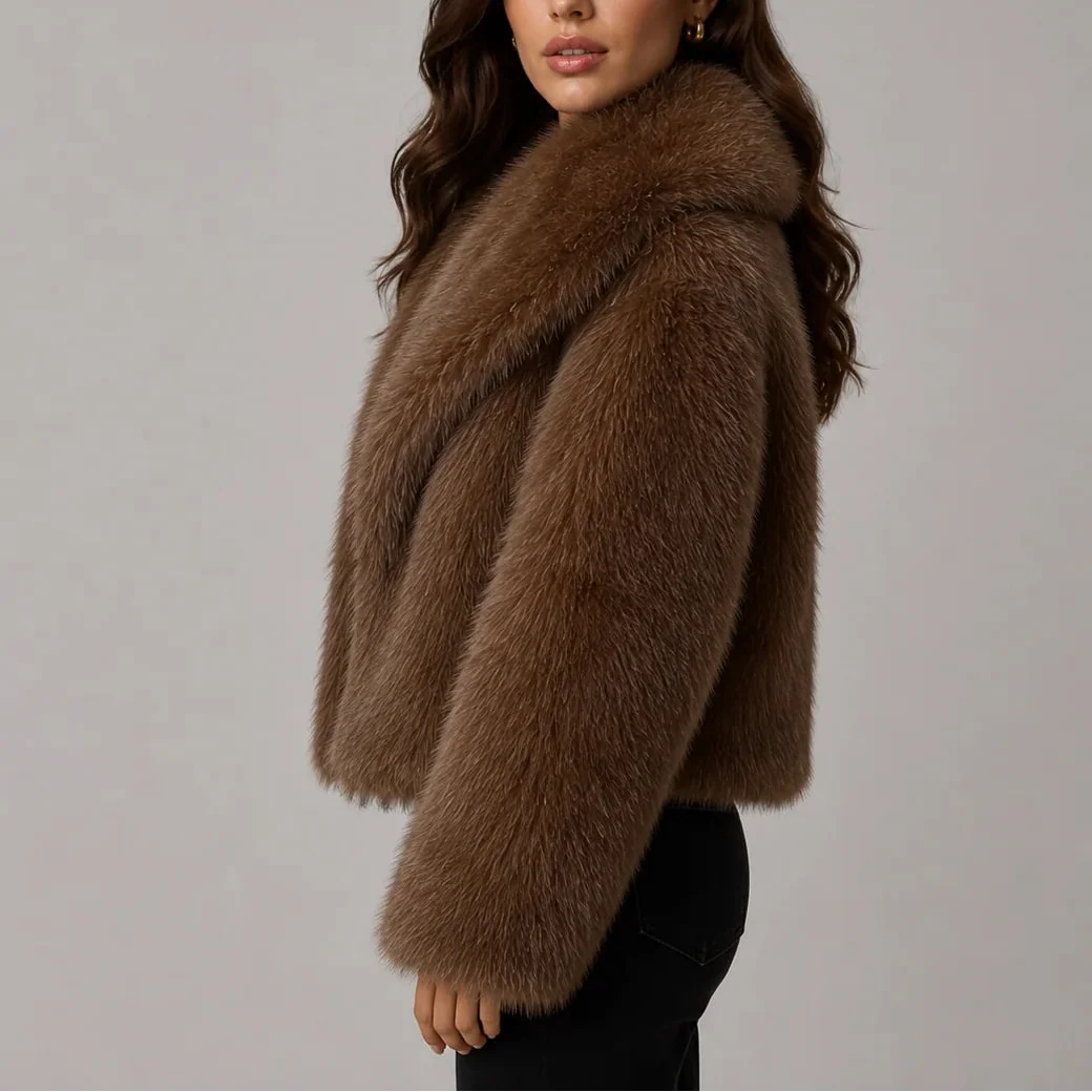 Women's Cropped Faux Fur Jacket with Oversized Collar
