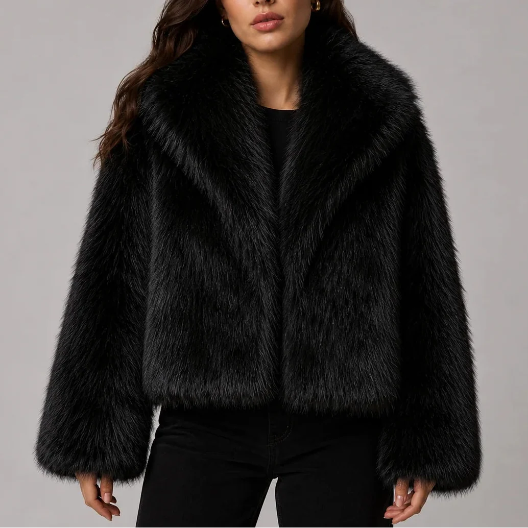 Women's Cropped Faux Fur Jacket with Oversized Collar