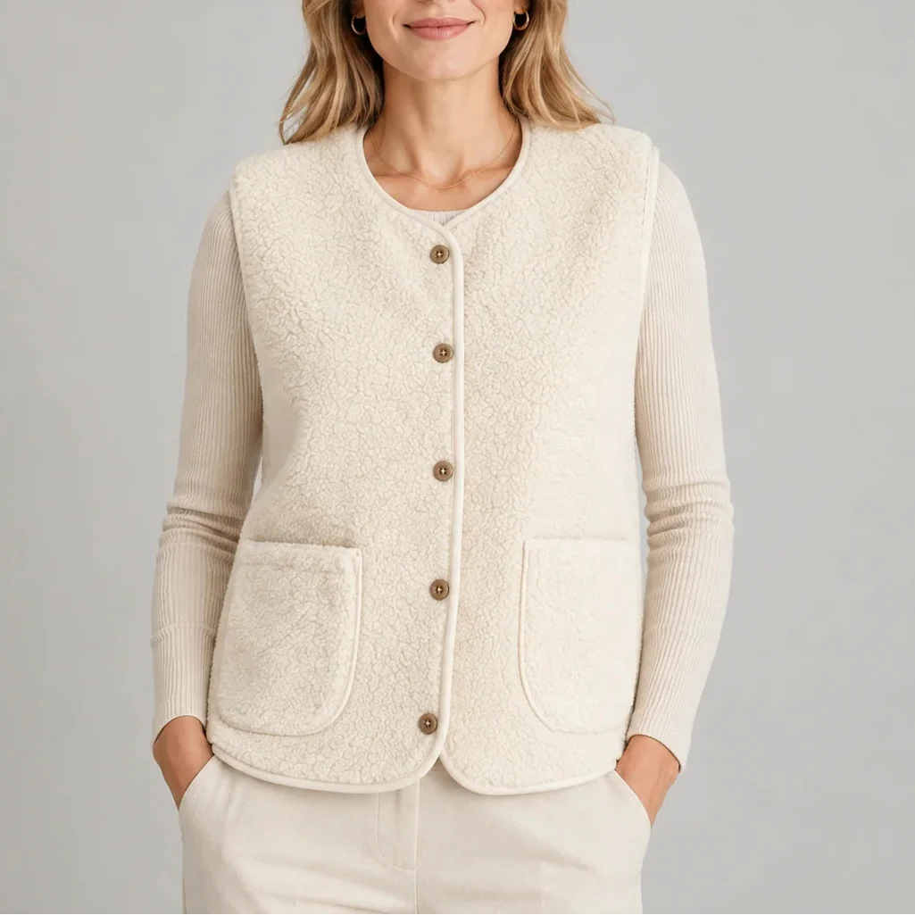 Women's Teddy Fleece Button-Up Vest with Pockets